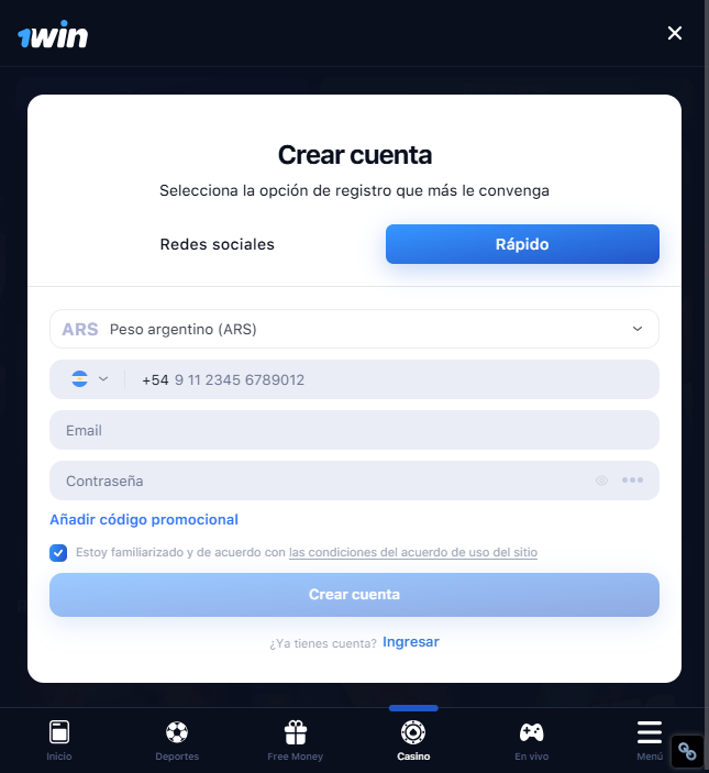 1win casino formulario de registro